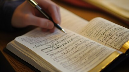 Naklejka premium Song List on top of page, showing a view of a notebook page with a pen next to it. The list includes the following songs: