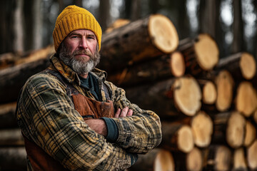 Obraz premium Rugged middle-aged Caucasian male lumberjack wearing a yellow beanie, standing confidently with folded arms in front of stacked logs in a forest setting.