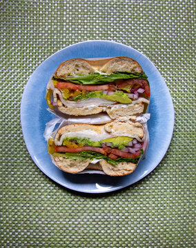 Overhead view of a bagel sandwich