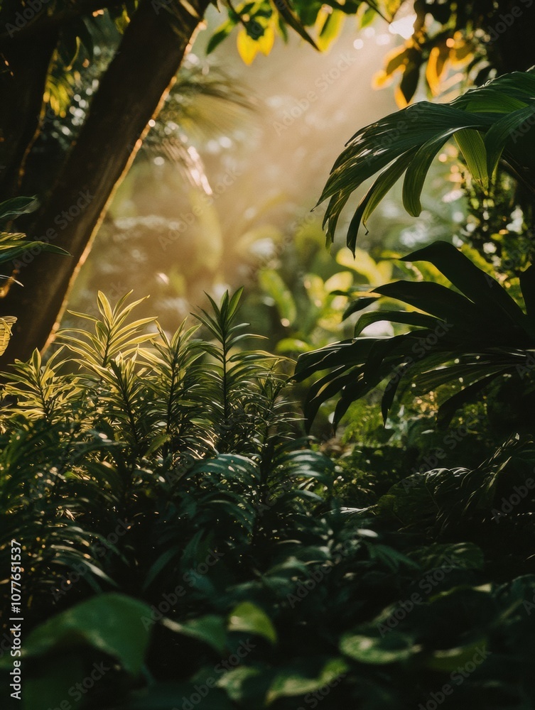 Poster sunlight streams through the dense foliage of a tropical forest, casting warm light on vibrant plant