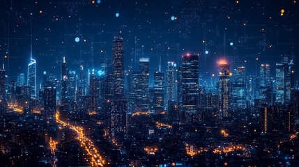 Fototapeta premium Smart city on a dark blue background, featuring intelligent infrastructure and connected buildings. This futuristic cityscape showcases IoT, 5G and AI integration network.