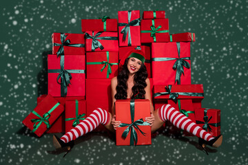 Photo of tempting stripper babe tease boyfriend x-mas horny surprise wear hat elf costume isolated...