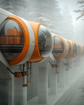 Futuristic vision of a hyper efficient cargo transportation system featuring a hyperloop with frictionless magnetic levitation running on a renewable power grid in a minimalist