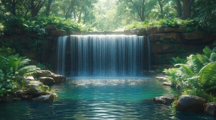 Serene waterfall cascading into a tranquil pool surrounded by lush greenery.