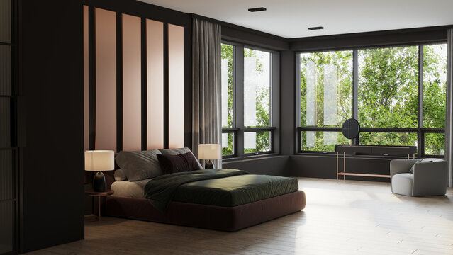 Premium hotel room - spacious dark interior design bedroom.