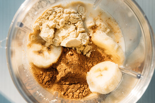 Smoothie Ingredients with Protein Powder in Blender