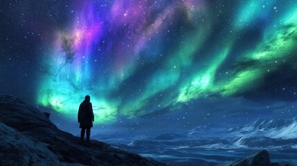Fototapeta premium Create a breathtaking aurora photography scene in a dark, clear sky. The northern lights seem to paint the heavens in hues of green, purple, and blue, stretching far and wide