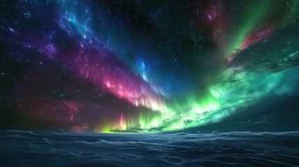 Obraz premium Create a breathtaking aurora photography scene in a dark, clear sky. The northern lights seem to paint the heavens in hues of green, purple, and blue, stretching far and wide