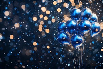 Happy warm image with small blue balloons on the edge and glitter, photorealistic, high quality ,generative ai