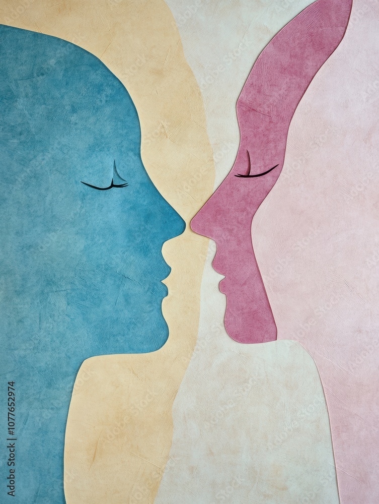 Poster two abstract silhouettes in pastel blue and pink convey a sense of connection, highlighting themes o