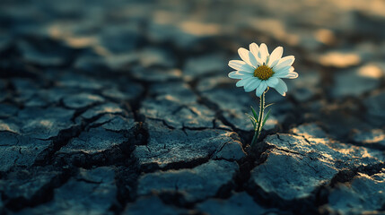 White daisy flower broke through dry cracked ground earth, Symbol of soul rebirth and eternal life.
