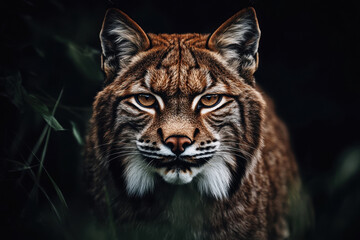 Majestic lynx with piercing eyes stares directly into the camera, surrounded by a dark, forested background.