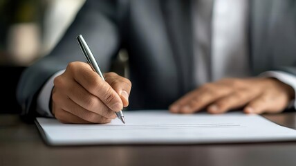 A professional individual is writing on a blank sheet of paper with a silver pen while seated at a desk.