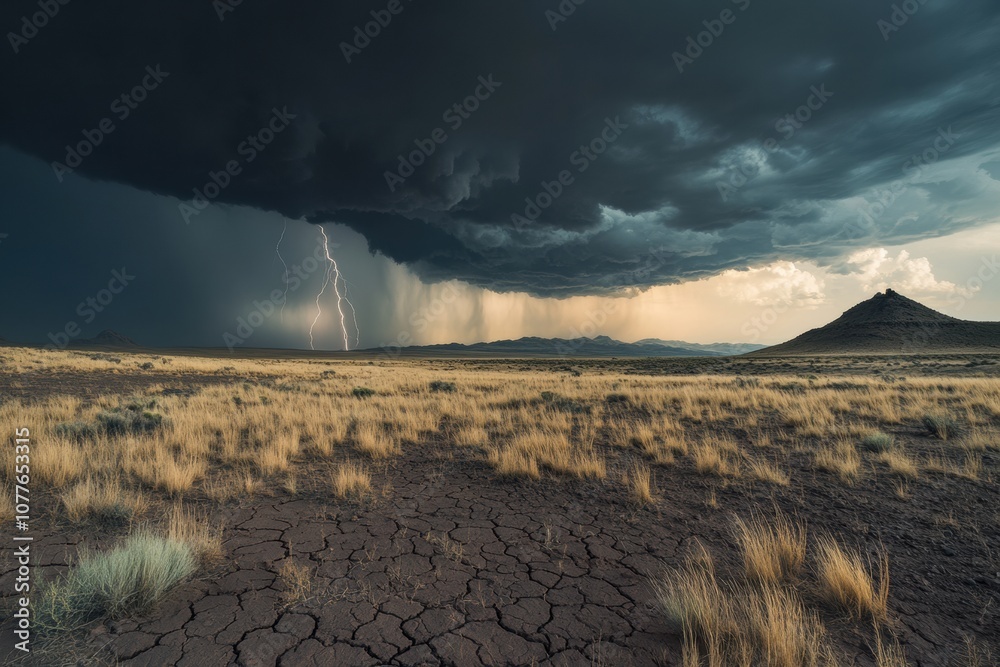 Poster dark clouds loom over the arid terrain, with streaks of lightning striking in the distance, adding i