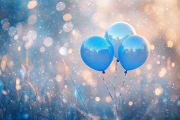 Happy warm image with small blue balloons on the edge and glitter, photorealistic, high quality ,generative ai