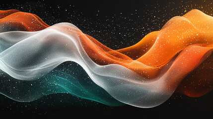 Vibrant orange teal white psychedelic grainy gradient color flow wave on black background, music cover dance party poster design with neon light and luxury gold particle vector illustration.