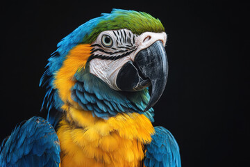 Fototapeta premium Vibrant blue and yellow macaw with striking black beak against a dark background, showcasing its colorful plumage and intense gaze.