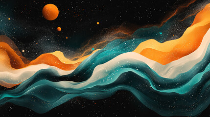 Vibrant orange teal white psychedelic grainy gradient color flow wave on black background, music cover dance party poster design with neon light and luxury gold particle vector illustration.