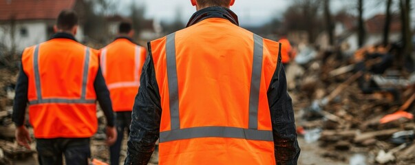 A group of workers in bright orange vests surveys a debris-strewn area, showcasing their active engagement in cleanup efforts.