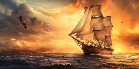 Obraz premium Vintage sailing ship at sunset on the open ocean