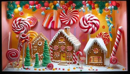 Fototapeta premium Create a whimsical gingerbread village displaying festive candy decorations for a sweet holiday atmosphere