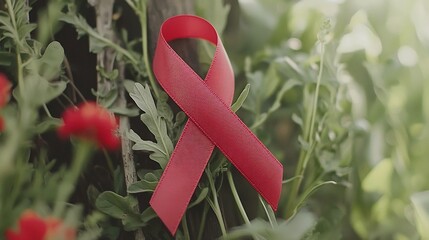 Close up of a vibrant red ribbon against a natural backdrop of lush greenery representing the message of courage resilience and support for the HIVAIDS community