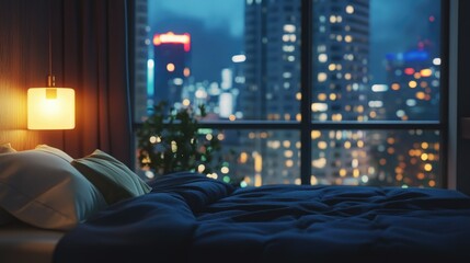Urban Serenity: Night Views of a City Skyline from Hotel Room Window.