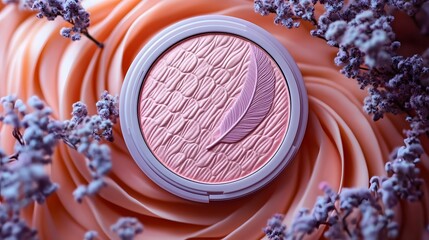 Elegant Blush Compact Arranged on Soft Blush Background Surrounded by Delicate Flowers for Beauty and Makeup Inspiration