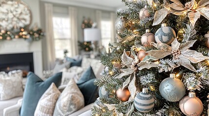Closeup of a beautifully decorated Christmas tree with twinkling lights handmade ornaments and other festive accents in a cozy warm and inviting home interior setting