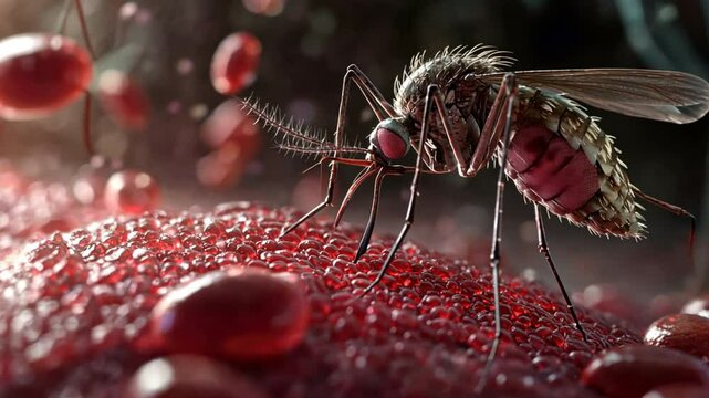 A mosquito feeding on blood cells in a close-up macro shot, showing the insect's proboscis and skin reaction in vivid detail