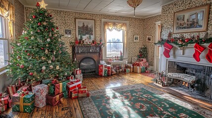 Cozy and Festive Christmas Living Room with Decorated Christmas Tree Presents and Fireplace with   Warm and Inviting Holiday Interior Design