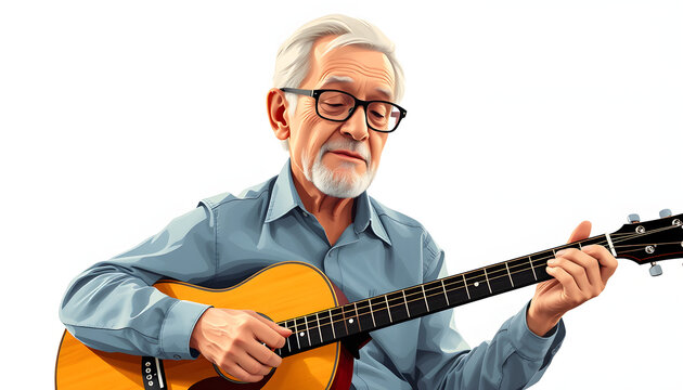 Collage picture elder pensioner play guitar talented performer strings song chords classic acoustic instrument professional hobby isolated with white highlights, png