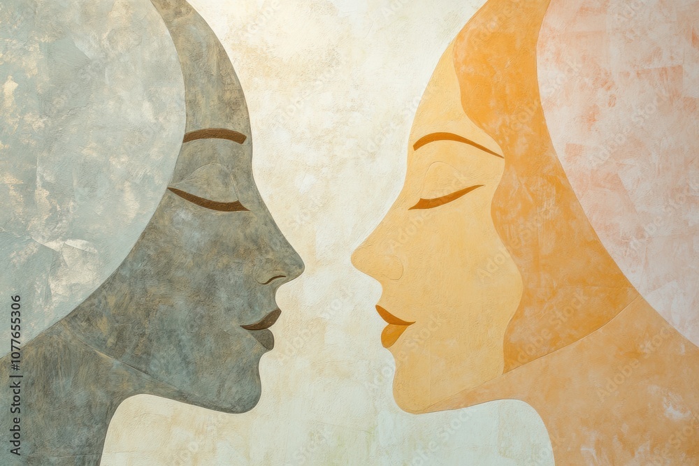 Fototapete silhouettes of two faces in soft pastel tones evoke a sense of empathy and open dialogue, illustrati