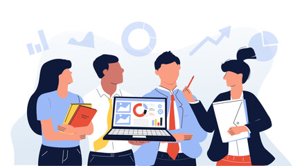 Business team members are standing with confident faces. Business icons are floating above their heads. flat design