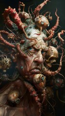 Fototapeta premium Surreal Biomechanical Portrait: A Grungy and Creepy Humanoid Creature with Tentacles and Eyes