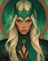 portrait of a D&D eleven priest woman done in vector character design