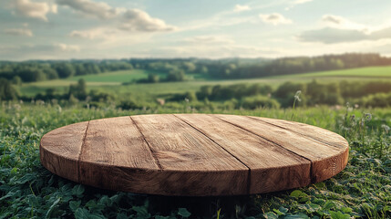 Wooden table top on blur mountain and grass field. Fresh and Relax concept for montage product display or design key visual layout. View of copy space presentation.