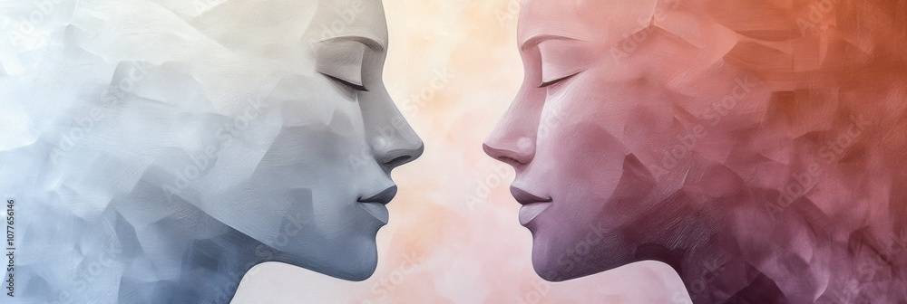 Poster abstract silhouettes of two faces in soothing pastel colors evoke a sense of communication and empat