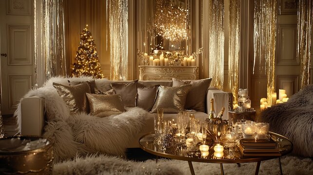 Elegant and Cozy Living Room Decked Out for a Glamorous New Year s Eve Sparkling Candles Champagne Glasses and a Warm Inviting Atmosphere