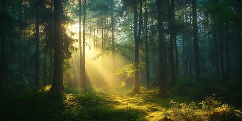 Fototapeta premium Sun Rays Illuminating Path Through Dense Forest