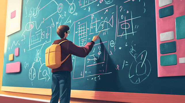 Young smart mathematician art drawing math formulas on the chalkboard and thinking he is solving problems and discovering new theories vector illustration.