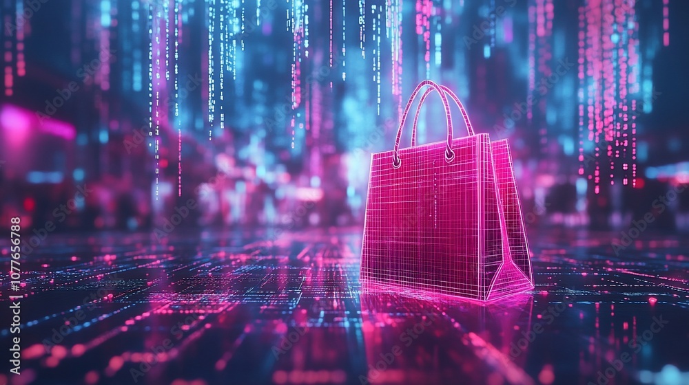 Aufkleber a pink wireframe shopping bag stands on a futuristic digital landscape with neon lights and binary c