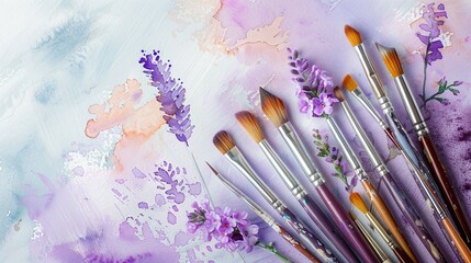 Obraz premium Watercolor brushes and lavender-themed painting, artistic workspace, soft purple and blue hues, creative art supplies, tranquil and delicate artistic design