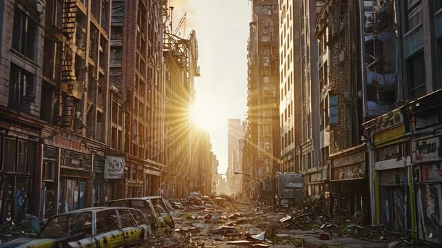 Skyscraper with nuclear weapons, explosion war. Demolished apocalypse explosion concept. City, abandoned surrounded garbage destruction. City, abandoned skyscrapers, nuclear explosion garbage war.