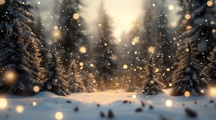 Enchanting snowy pine forest with sparkling lights creating a peaceful and serene New Year s atmosphere in the quiet tranquil winter landscape  A magical winter wonderland scene