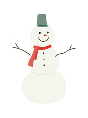 Cute white smiling snowman simple hand drawing vintage flat style isolated on white background. Vector illustration
