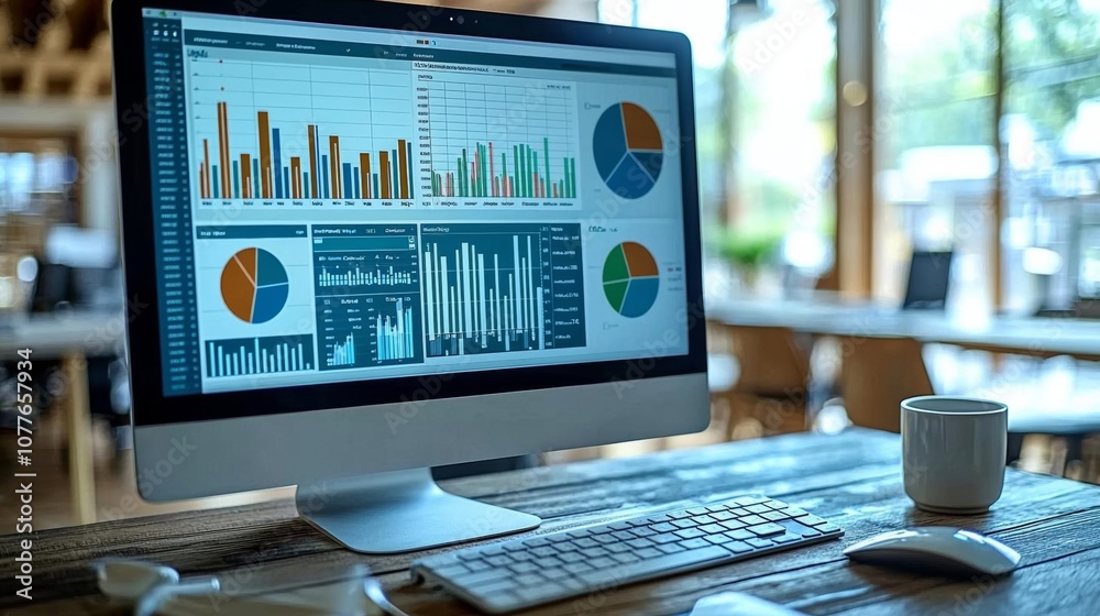 Wall mural a computer monitor displaying various graphs and data analysis charts, with a blurred office backgro