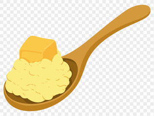 Thanksgiving mashed potatoes with pat of melted butter on top, served on spoon in minimalist style and transparent background. Perfect for Thanksgiving designs and holiday food illustrations
