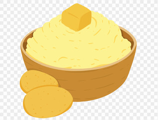 Thanksgiving mashed potatoes with  pat of melted butter on top, alongside whole potatoes next to bowl, in a minimalist style and transparent background. Perfect for Thanksgiving designs and holiday