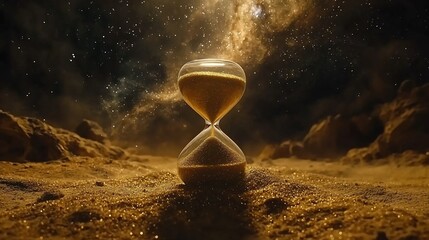Hourglass filled with golden sand flowing down symbolizing the countdown to the New Year s Eve against a dark starry night sky background  The image conveys the concept of time passing